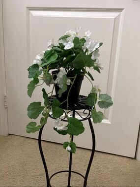 White Artificial Trailing Geranium Plant in Black Pot - Home Accents